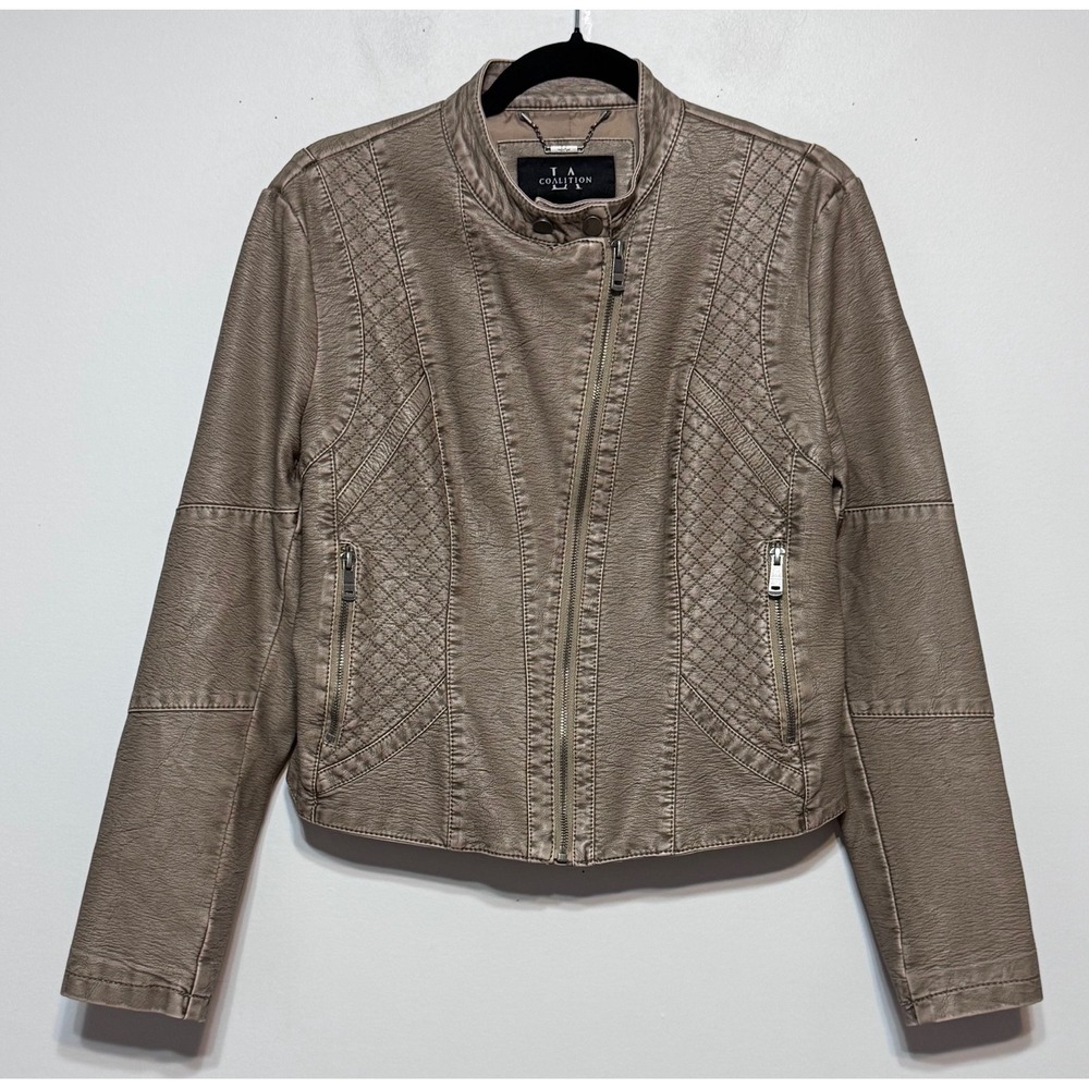 LA‎ Coalition Moto Biker Jacket Large Taupe Quilted Vegan Leather Y2K Streetwear